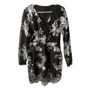 Black Sequin Floral Wrap-Style Romper